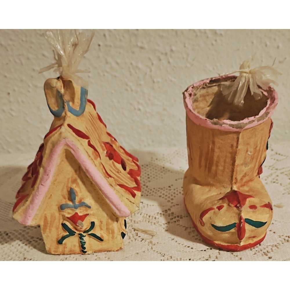 Set Of Two Vintage MCM 50s Paper Mache Christmas Ornaments decorations